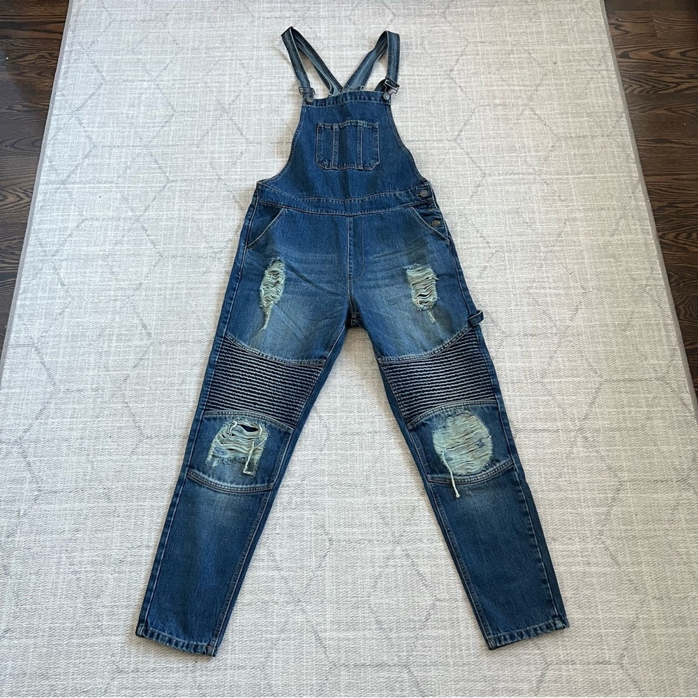 BoohooMAN Men’s Blue Distressed Slim Slim Long Biker Denim Overlls With Rips